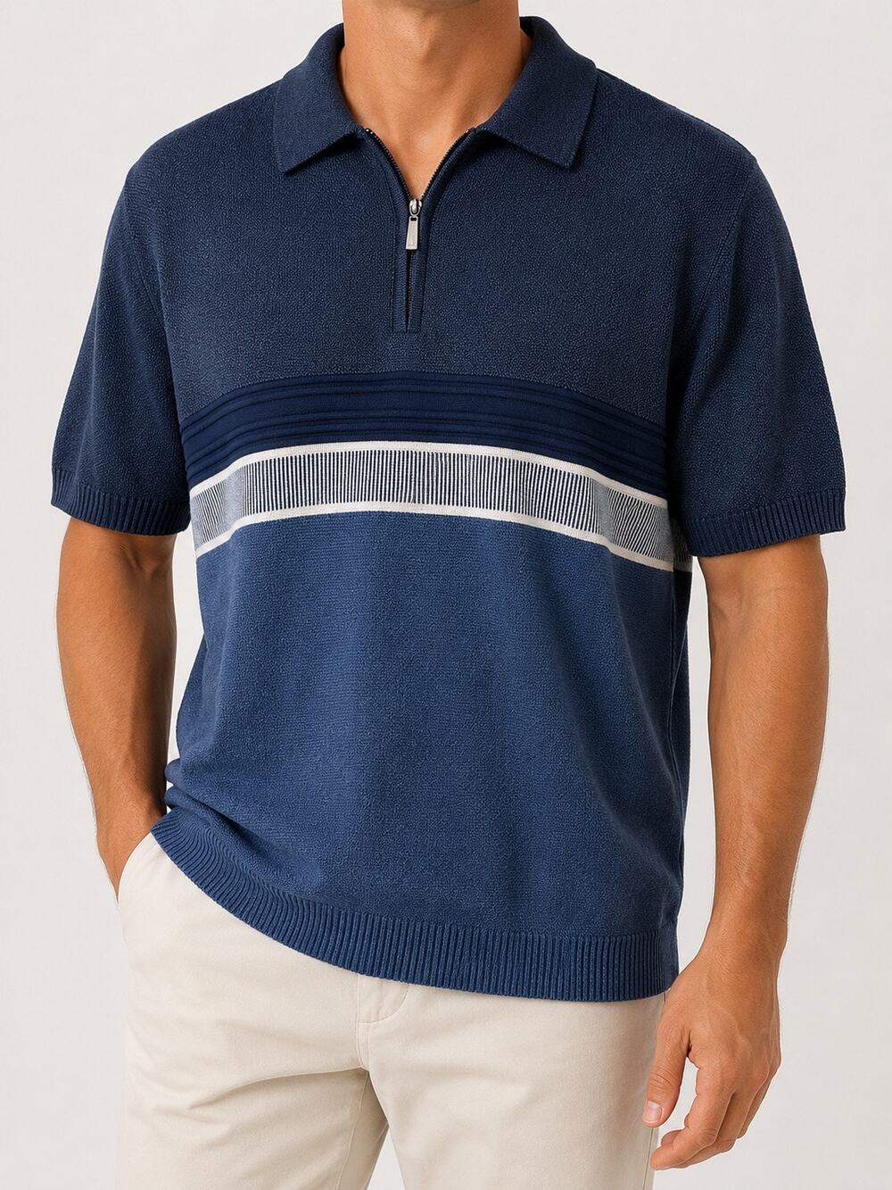 Six Lincoln New York Mens Quarter Zip Colorblock Short Sleeve Knit Sweater Med